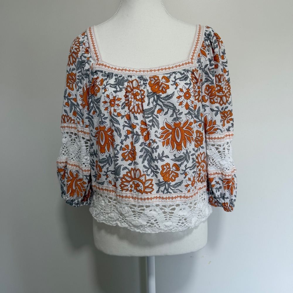 Rachel Zoe Floral Crochet Lace Peasant Top Womens XS White Orange Boho